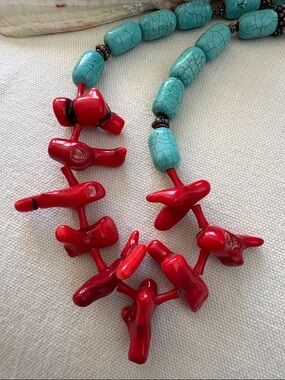 Red Coral & Turquoise Howlite Beaded Necklace